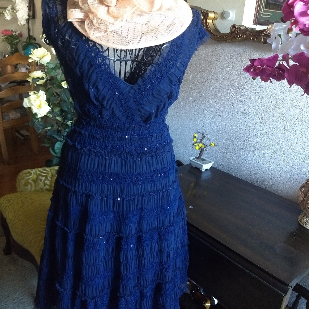 Stretchy Waist Navy Blue Lace Dress